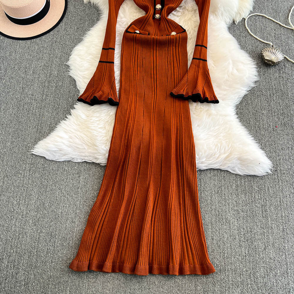 Winter Turndown Collar Knitting Dress Women Long Sleeve Fashion Chic Slim Waist Sweater Dress 23