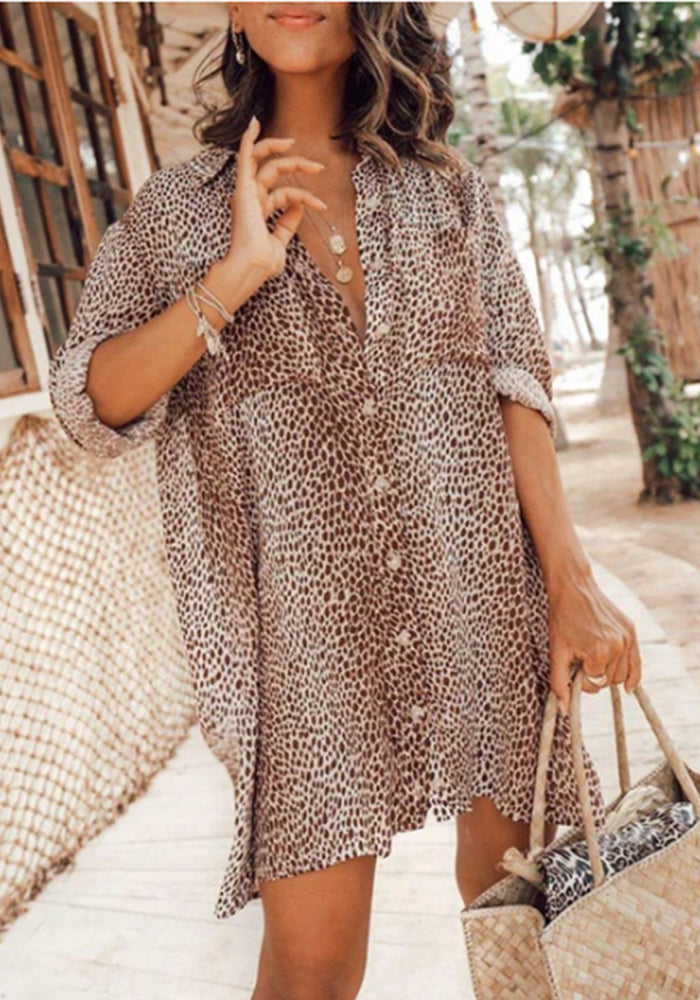 Women leopard print long-sleeved shirt dress