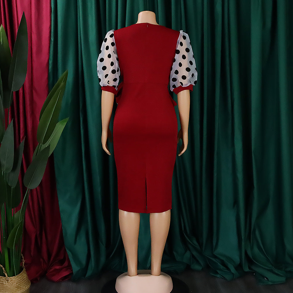 Women Summer mesh flocked puff sleeves V-neck Bodycon dress 19