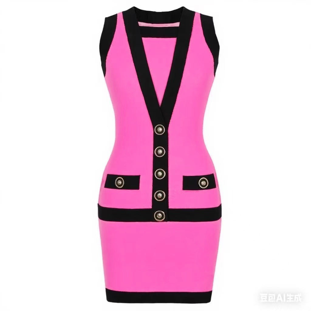 Women elegant button-down colorblock sleeveless single-breasted knitting dress 14