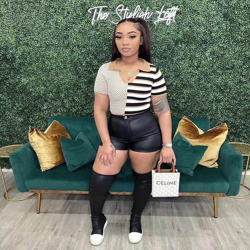 Women Patchwork Contrast Color Polo Shirt V-Neck Short Sleeve T-Shirt 6