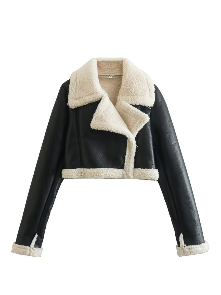 Winter Women Turndown Collar Lamb Wool PU-Leather Crop Jacket