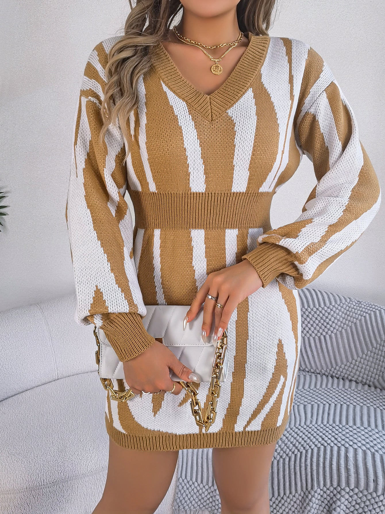 Women v-neck contrast zebra print long-sleeved Bodycon sweater dress