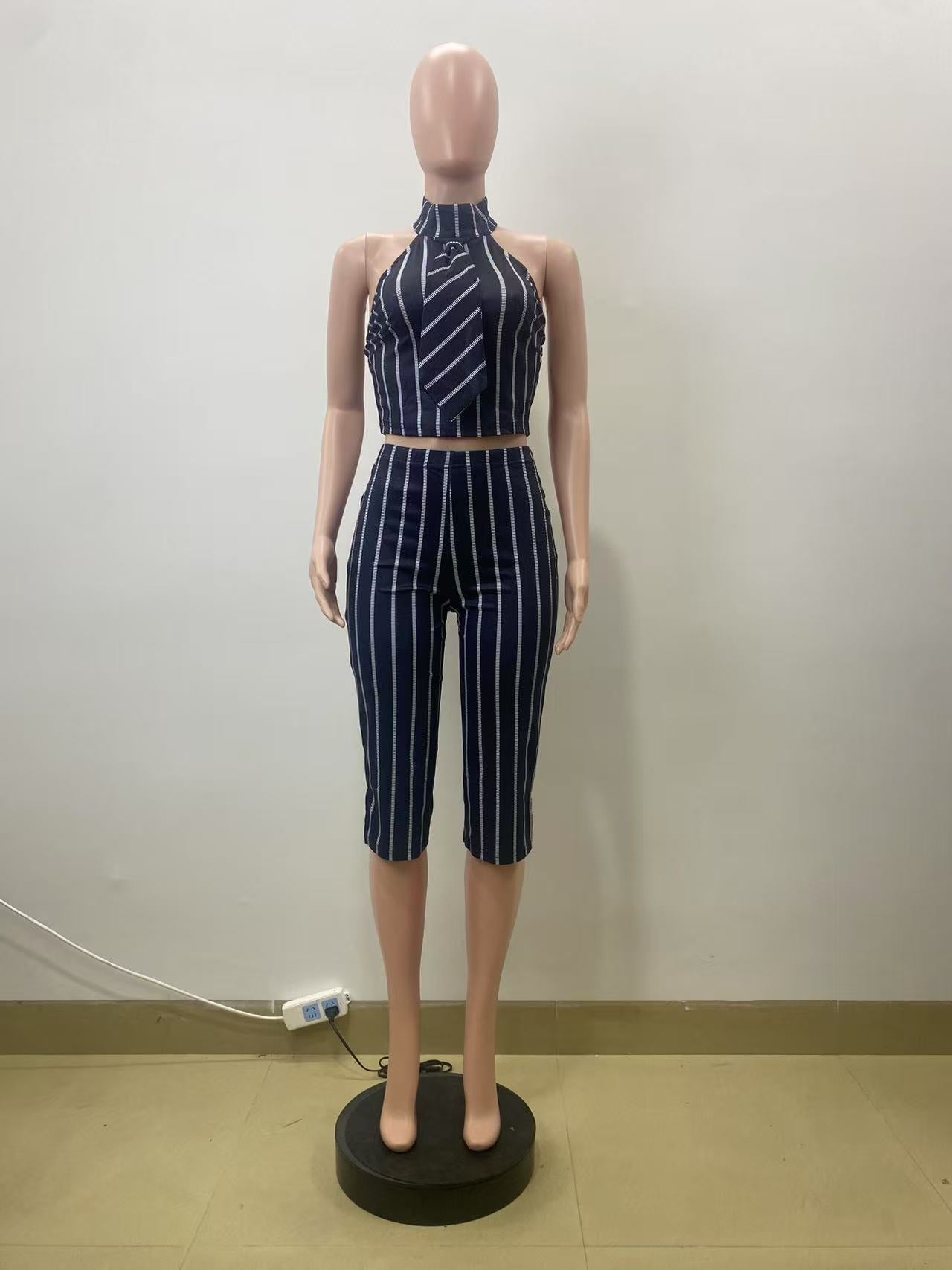 Women Summer Black and White Striped Sleeveless Turndown Collar Vest Top Three-Piece Pants Two-Piece Set 8
