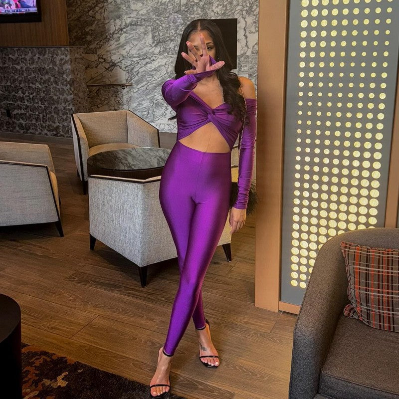 Spring Solid Color V-Neck Off Shoulder Knot Hollow Sexy High Waist Long Sleeve Jumpsuit 3