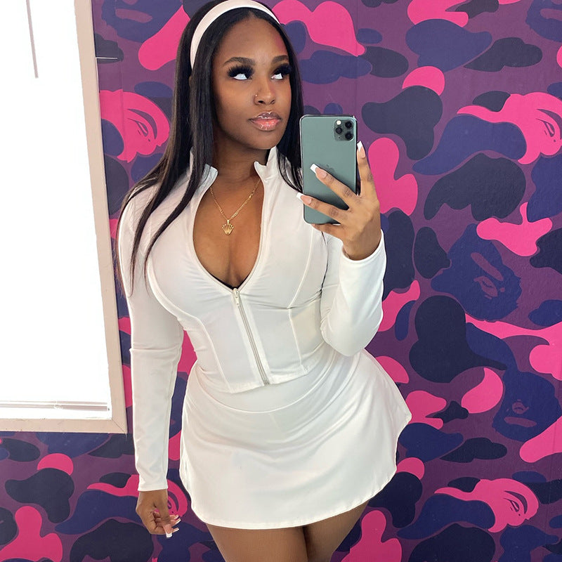 Women's Stand Collar Long Sleeve Slim-Fit Zip-Up Cropped Top & Short Skirt Two-Piece Set 9