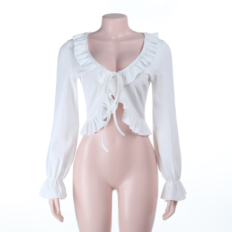 Women French Autumn Bohemian Long-Sleeved Ruffled Lace-Up Top 5