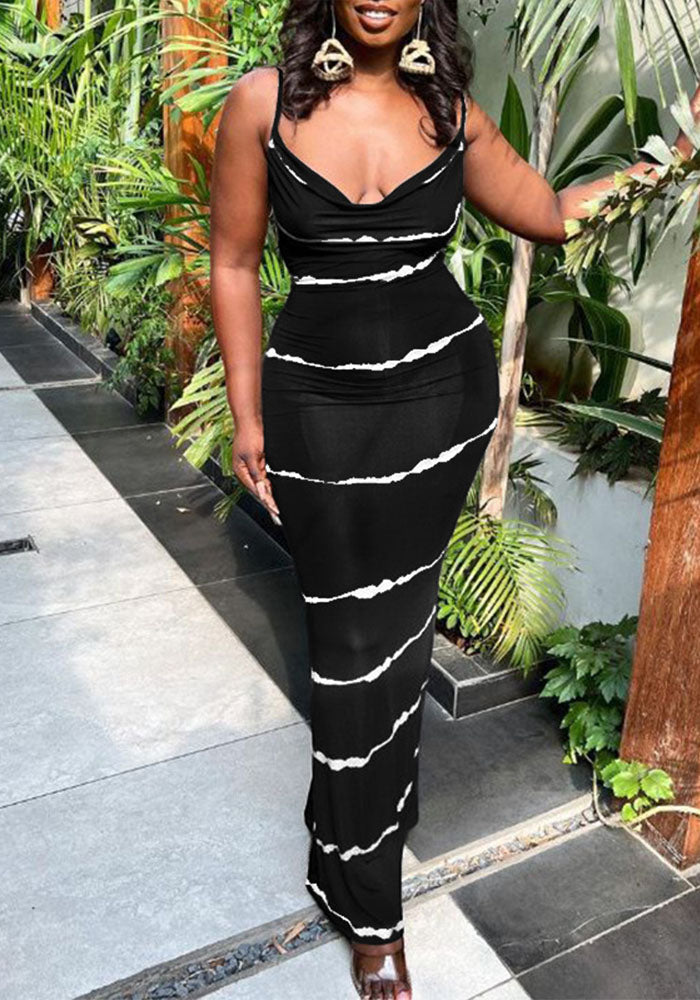 Summer Plus Size Women Stripe Print Sexy V-Neck Suspender Maxi Dress