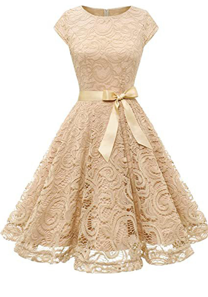 Spring Chic French Retro Slim Fit Round Neck Basic Mid-Length Gentle Lace A-Line Dress