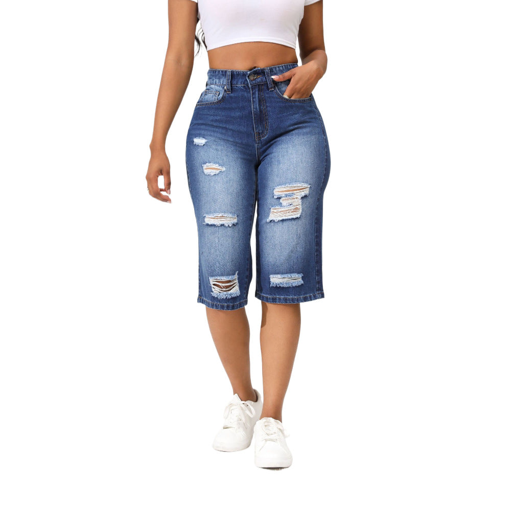 Summer Ripped Denim Pants Women's Three-Point Straight Leg Loose Trendy Midi Jeans 6