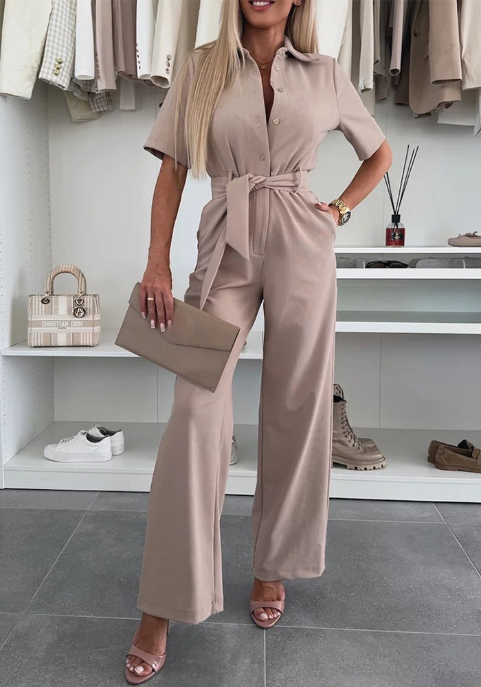 Women's fashion turndown collar solid color single-breasted jumpsuit