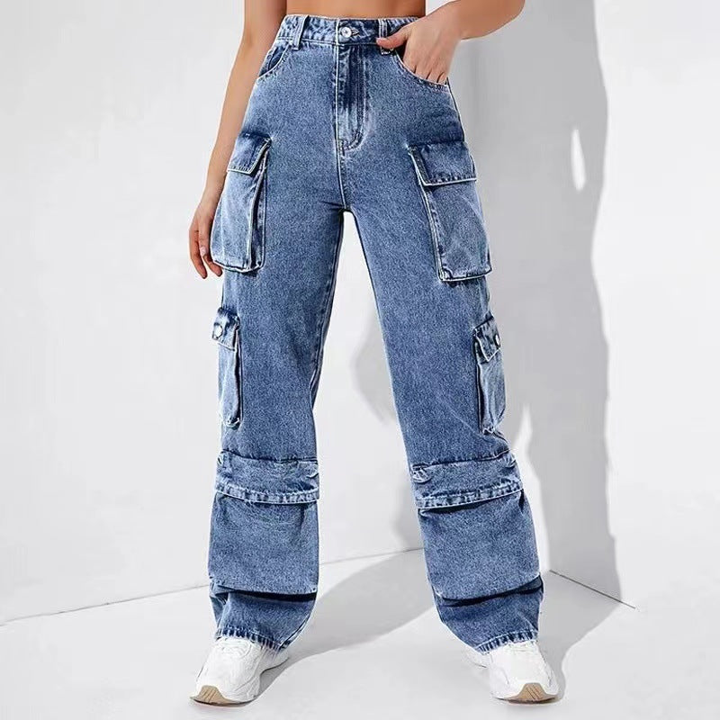 Women's High Waist Pocket Loose Cargo Denim Pants