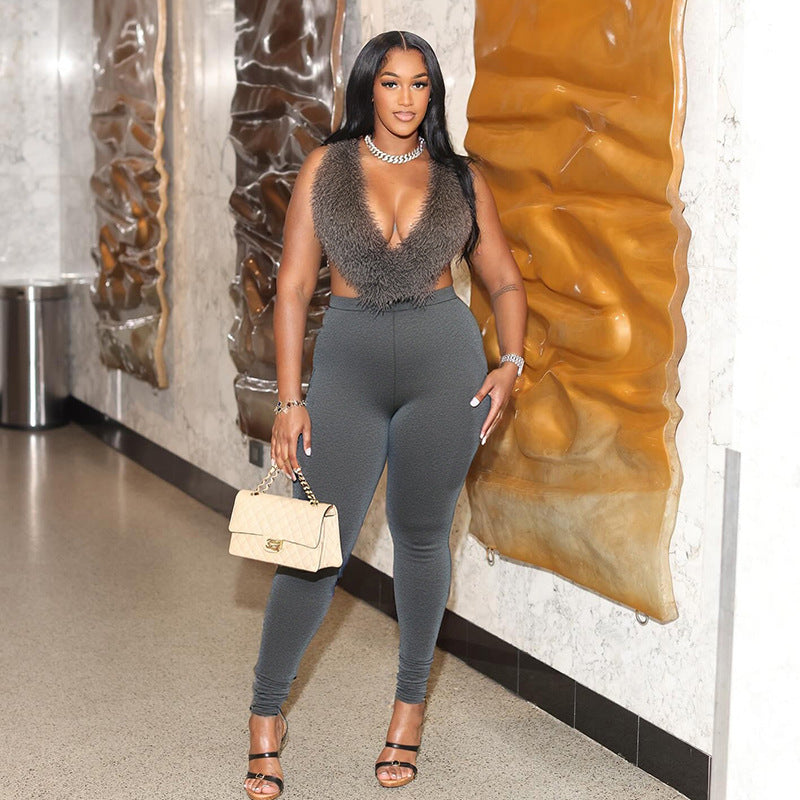 Women Furry Halter Neck Backless Lace-Up Top and Two-Piece Pants Set 3