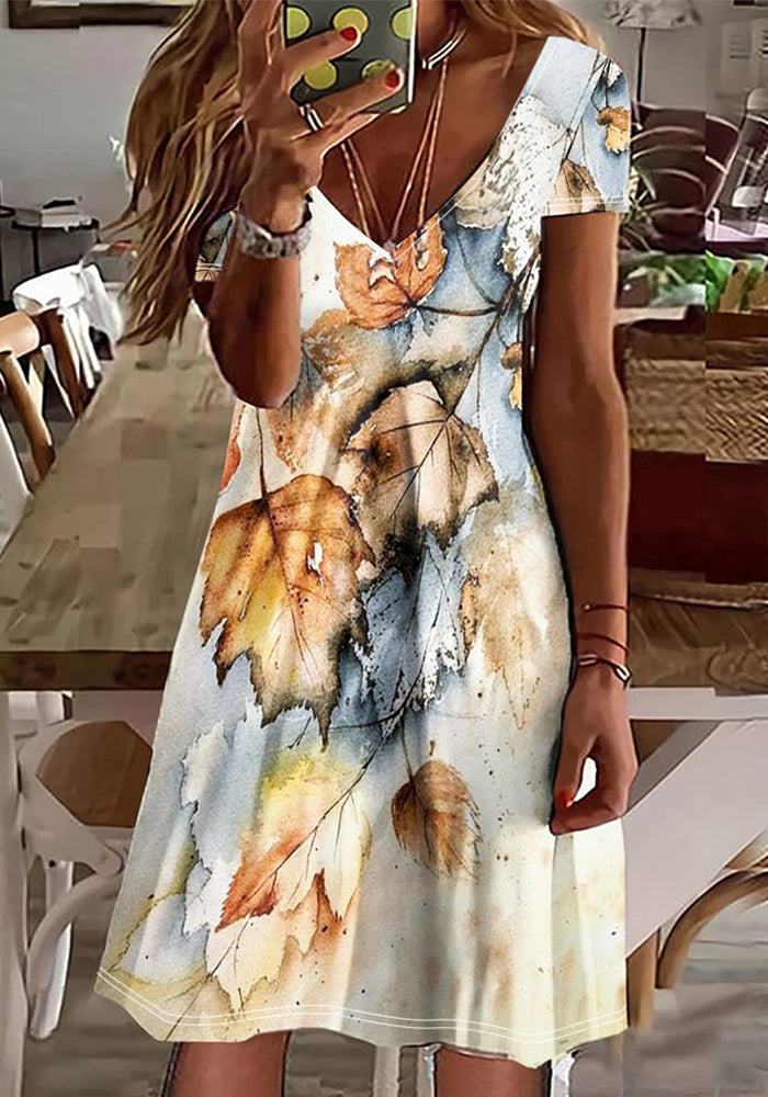 Fallen Leaves Print V-Neck Short Sleeve Casual Dress
