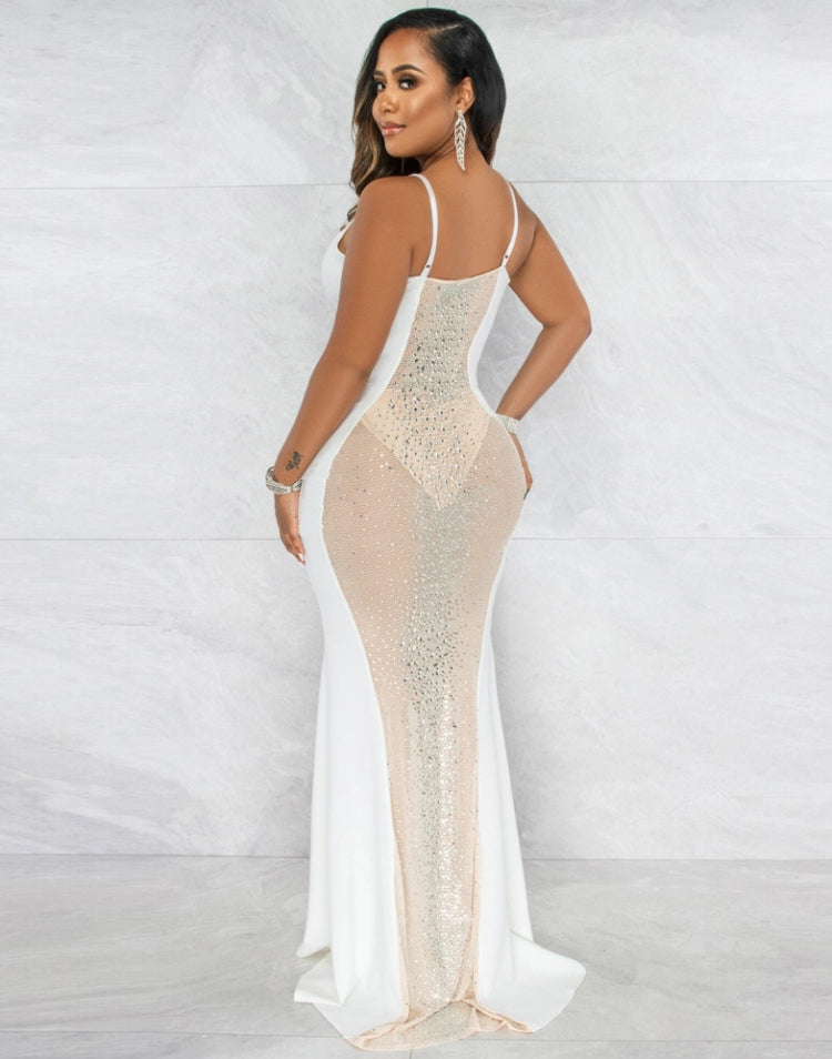 Spring Women Sexy White Rhinestone Beaded See Through Plunge V-neck Straps Mermaid Evening Dress 4