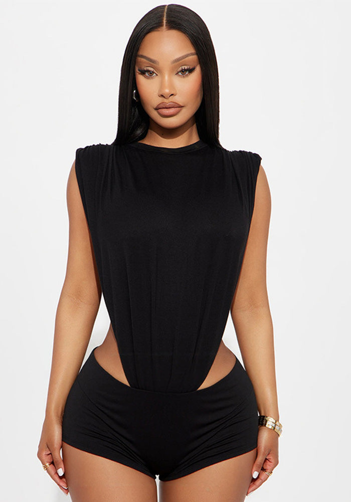 Women's Round Neck Sleeveless Side Cutout Bodysuit Top Tight Fitting Shorts Two-Piece Set