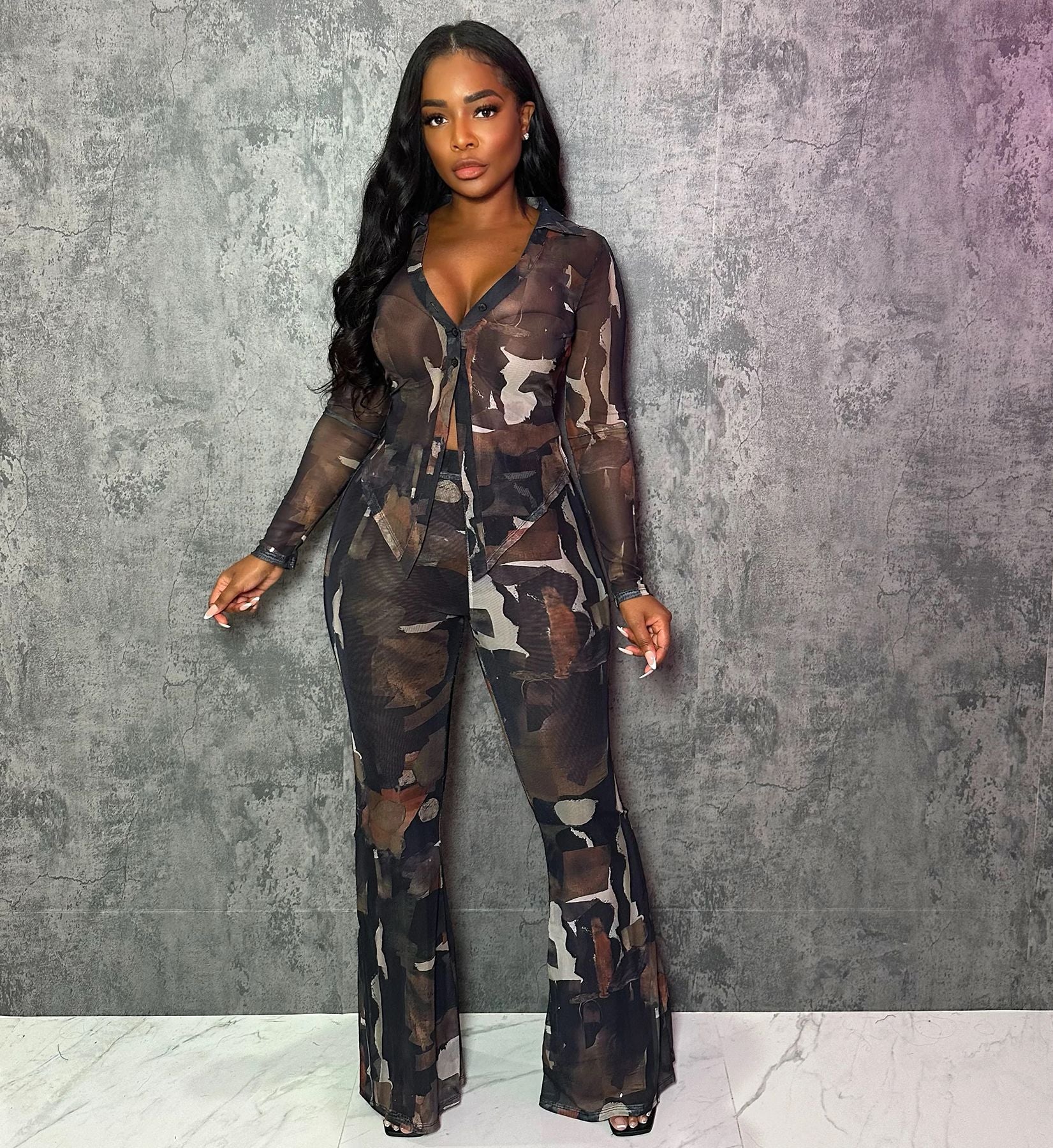 Women Sexy Button Printed Mesh Top and Bell Bottom Pants Two-Piece Set 3