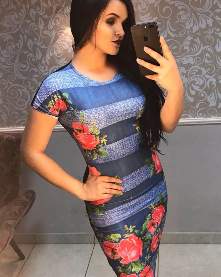 Short-Sleeve Round Neck Striped Color-Block Printed Sexy Bodycon Mini Dress