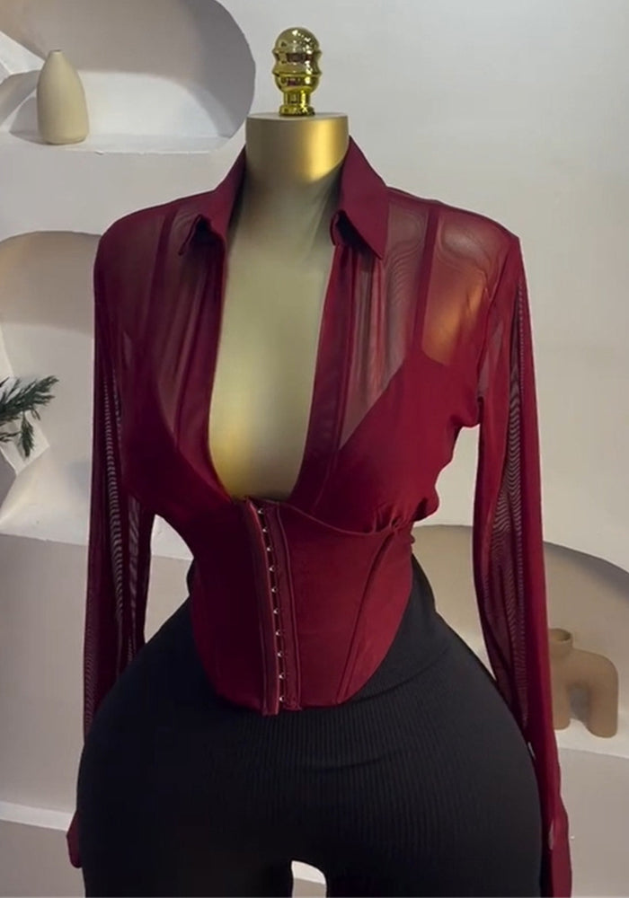 Summer Chic Turn-Down Collar Slim Waist Mesh Patchwork Long-Sleeve Shirt