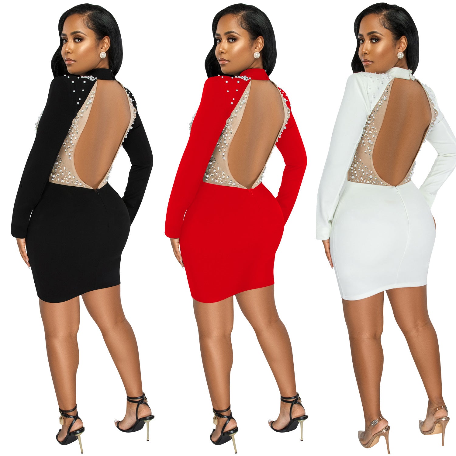 Fashion Sexy Nightclub Beaded Mesh See-Through Bubble Beads Low Back Long Sleeve Mid Skirt Dress Women