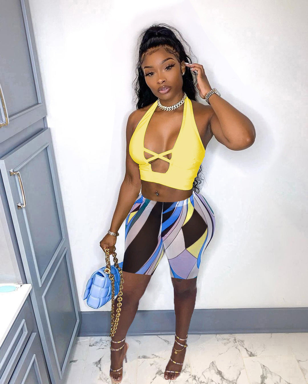 Women's Halter Neck Cross Hollow Low Back Tank Top Printed Shorts Two-Piece Set 4