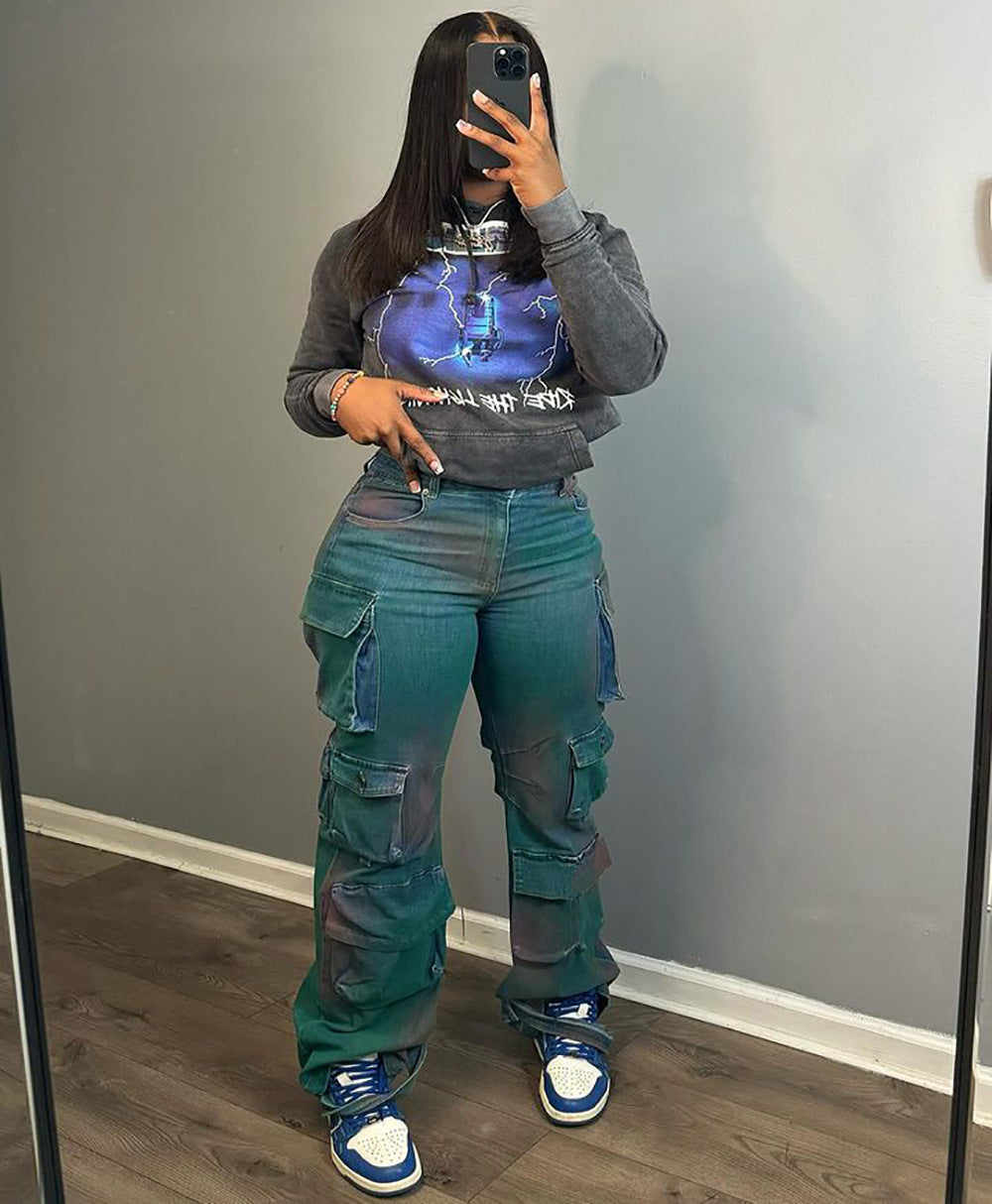 Women Style Pocket Tie Dye Denim Pants 7