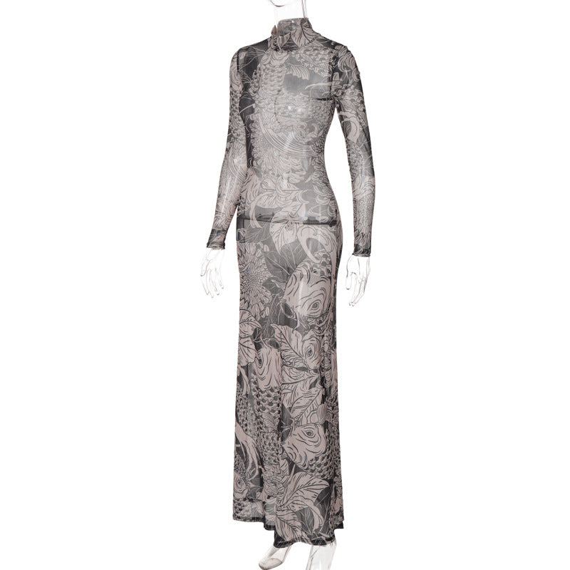 Women's Fall Fashion Mesh Print See-Through High Neck Slim Fit Dress For Women 7