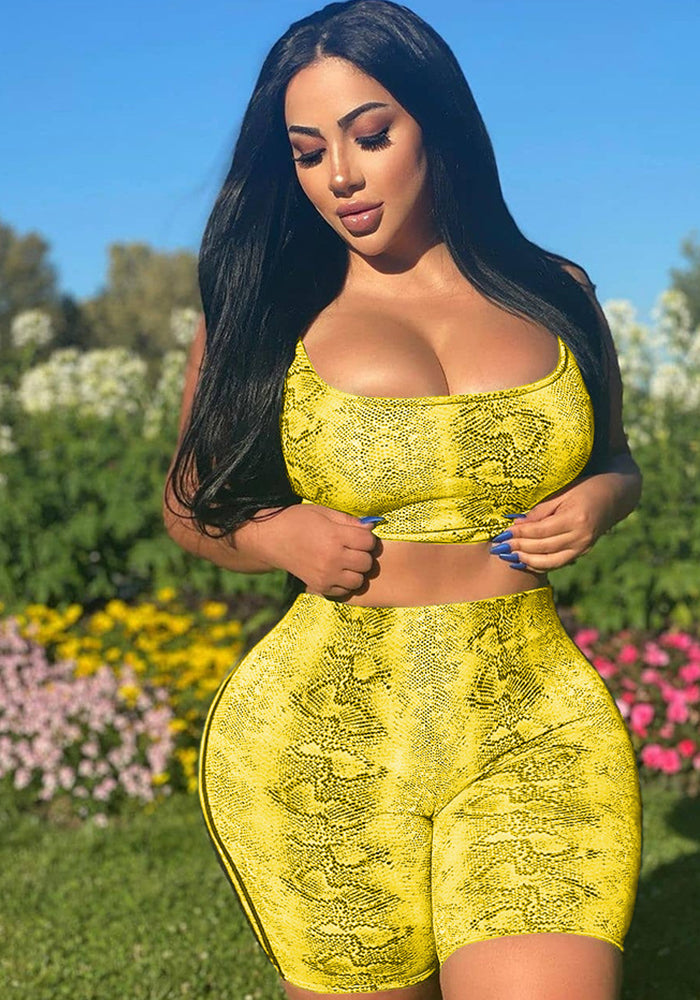 Spring Women's Fashion Casual Snakeskin Pattern Print Two Piece Shorts Set