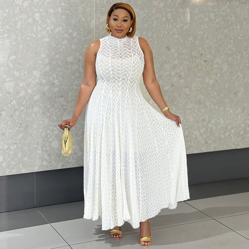 Women Autumn Round Neck Sleeveless White Lace Dress