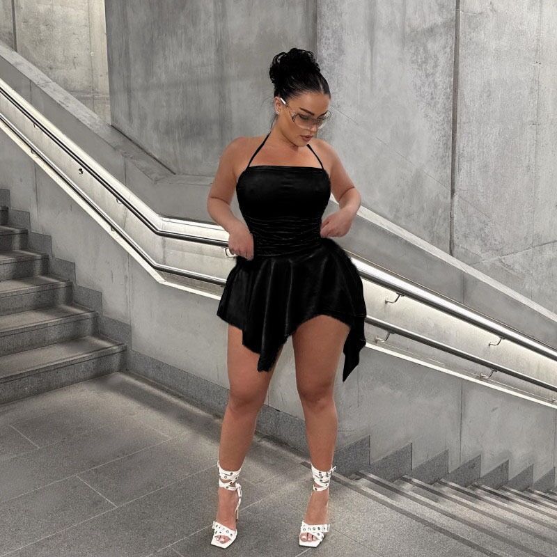 Women Solid Halter Neck Pleated Irregular Mini Dress 9