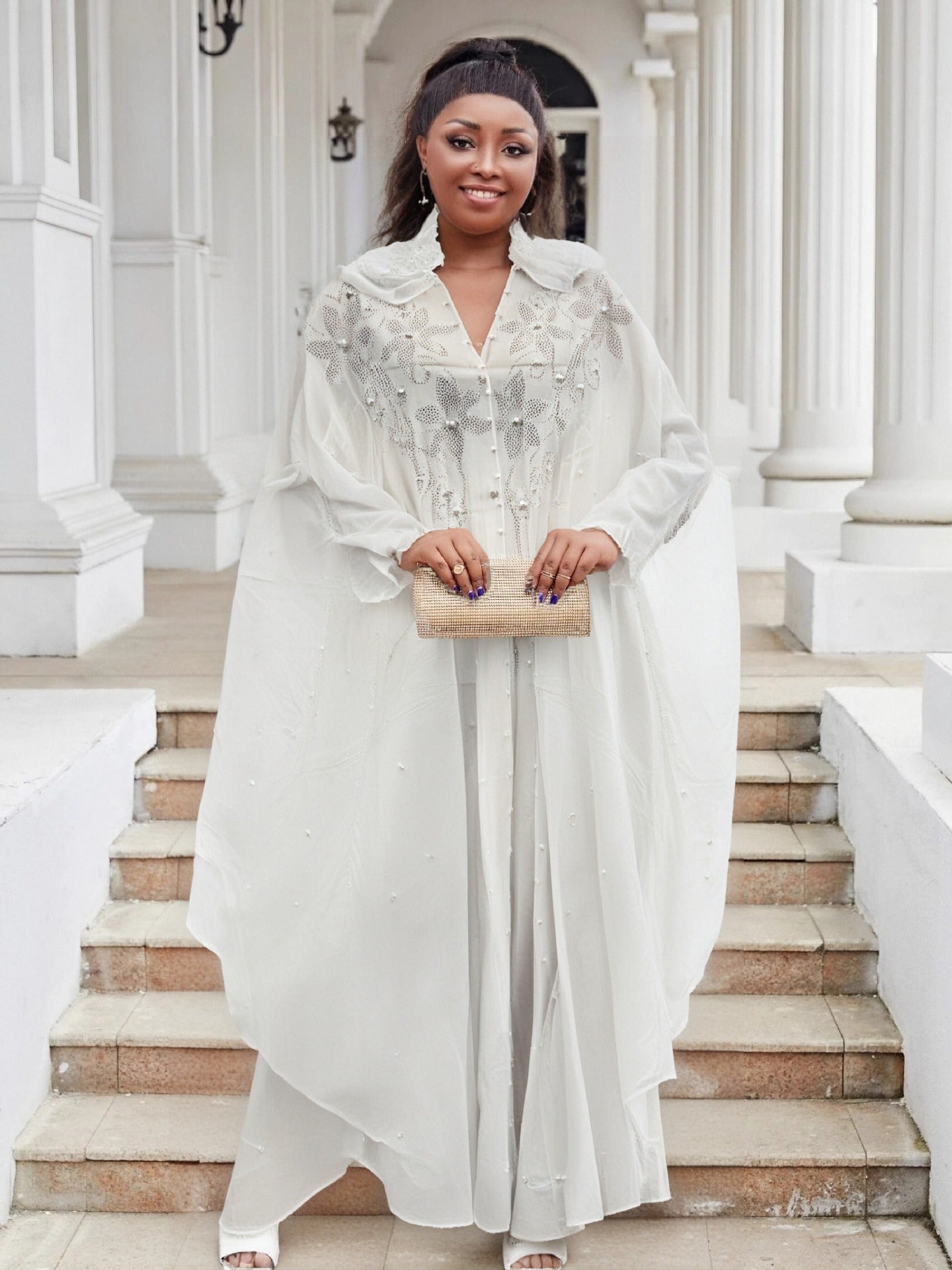 Women Bat Sleeves See-Through Mesh Beaded Beaded Cape Hooded Cape Dress