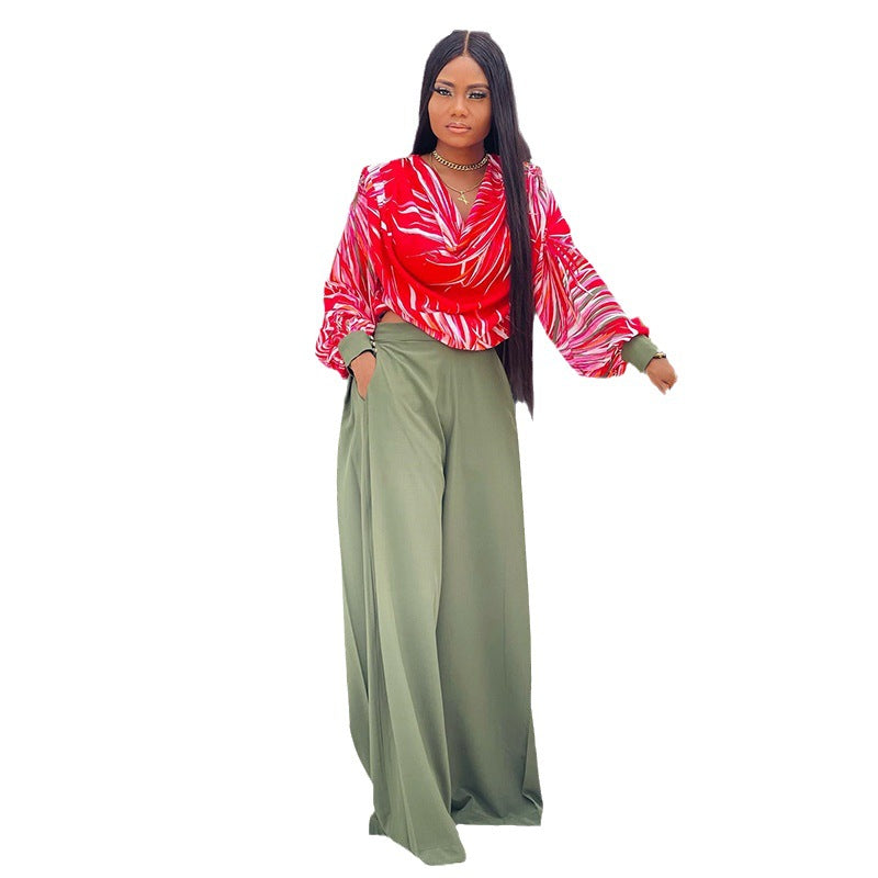 Women Autumn Printed Balloon Sleeve Shirt and Wide-leg Pants Casual Two-piece Set 7