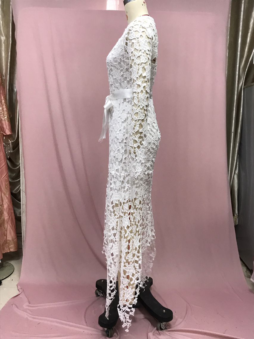 Women Lace Hollow Long Sleeve Stand Collar Lace Irregular Dress 10