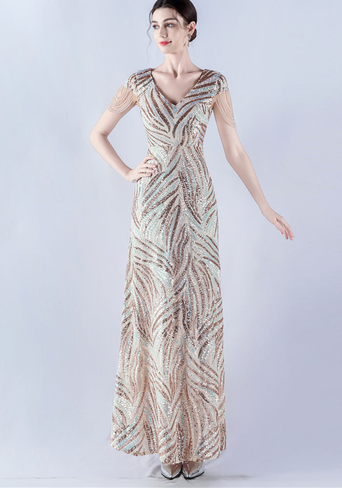 Women Sequin Beaded Evening Dress