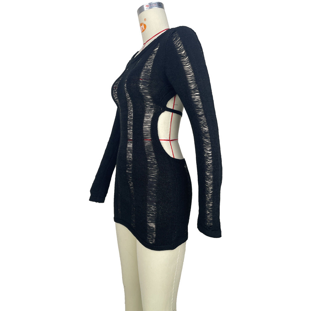 Women's Sexy Hollow Thin Long Sleeve Top Round Neck Hollow Back Dress 9
