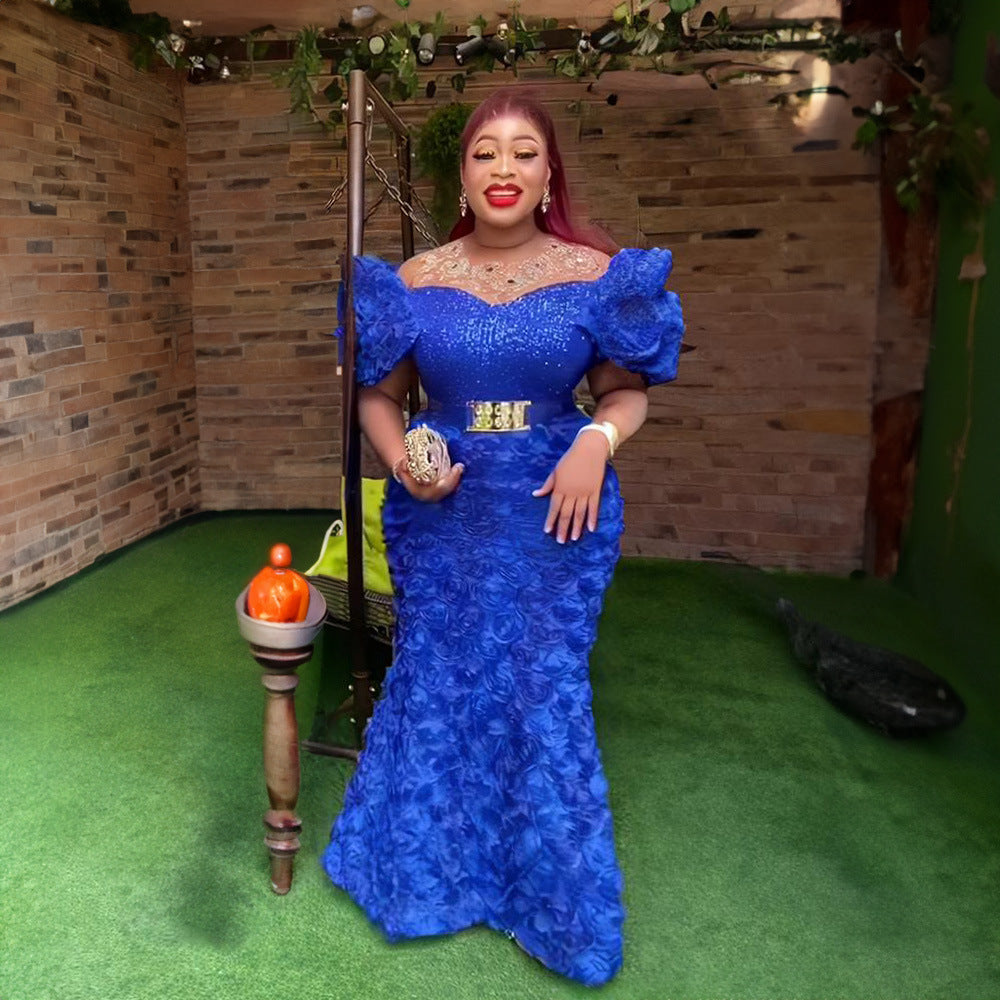 African Women's Dress Luxury Embroidery Off Shoulder Mesh Beaded Belted Evening Dress 4