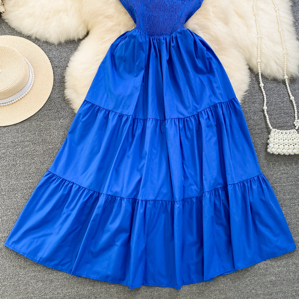 Retro Chic Sleeveless Slash Shoulder Slim Waist Slim Fit Beach Holidays A-Line Long Dress 64