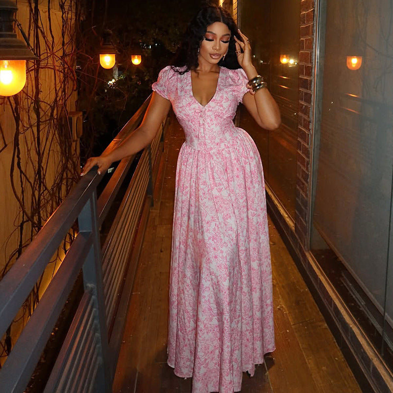 women's print elegant v-neck Chic bubble sleeve a-line pleated long dress