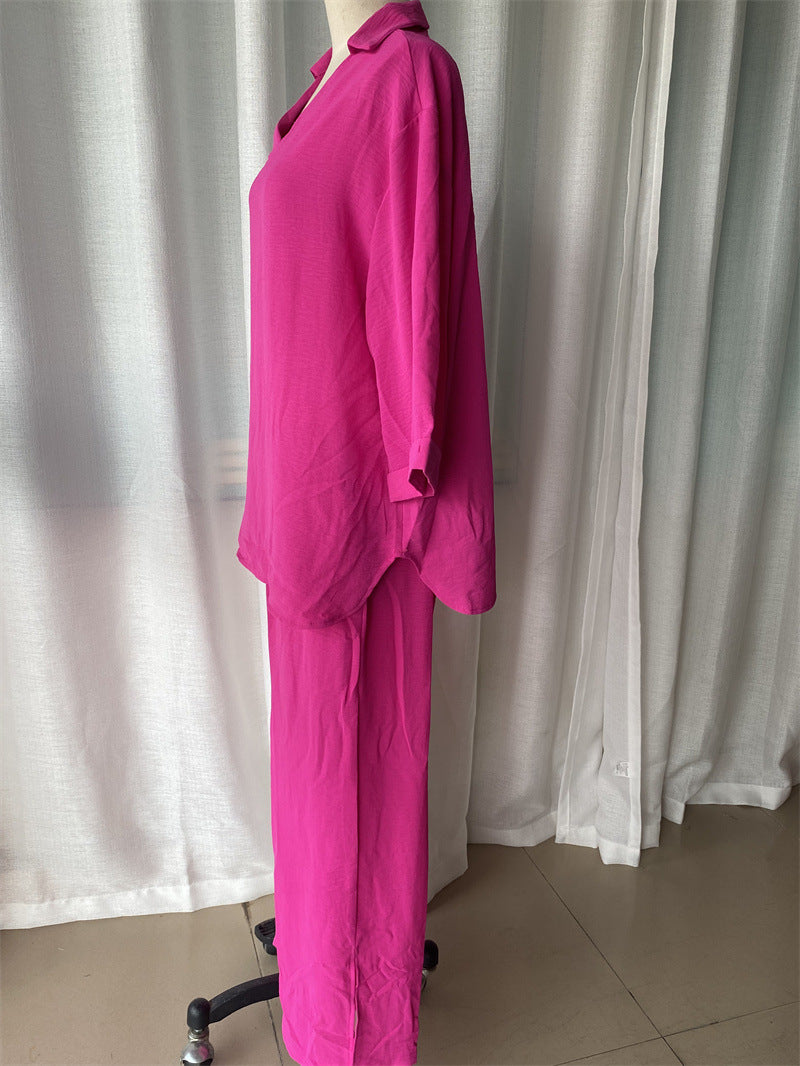 Plus Size Women Loose Top and Slit Wide Leg Pants Two-piece Set 12