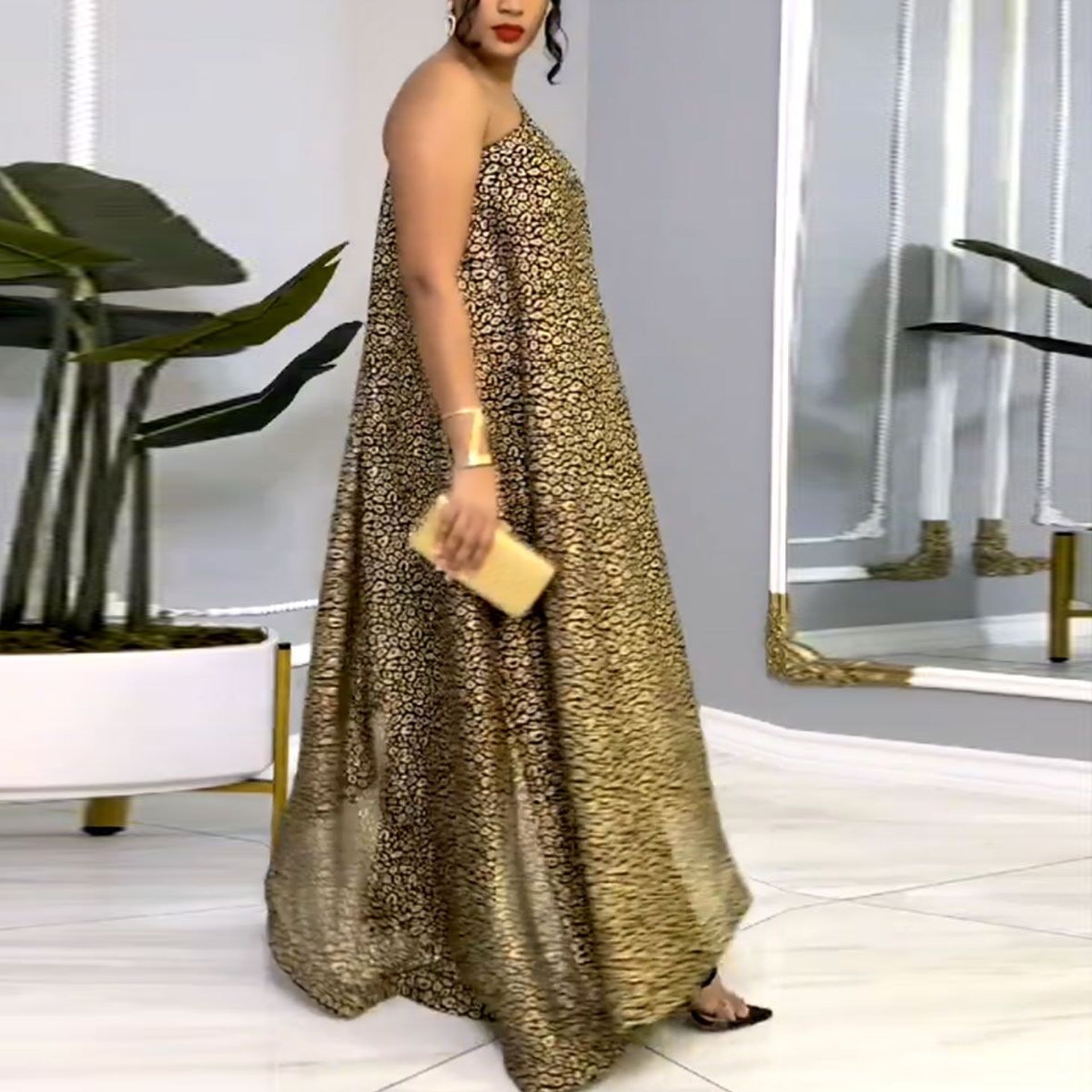 Women Sexy Shiny Slash Shoulder Patchwork Stretch Jumpsuit 4