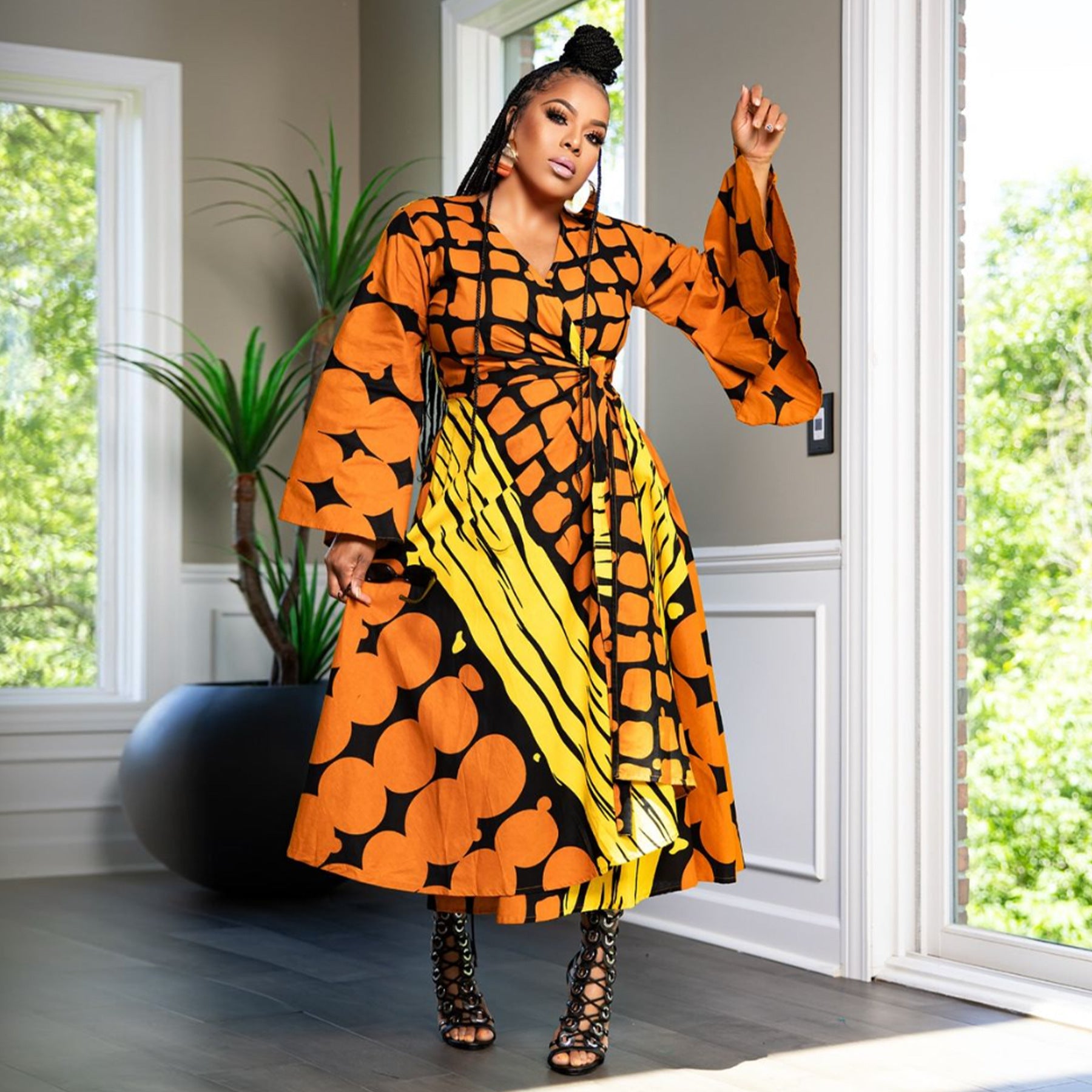 Plus Size African Women's Printed Wrap V-Neck Long Sleeve Maxi Dress 5