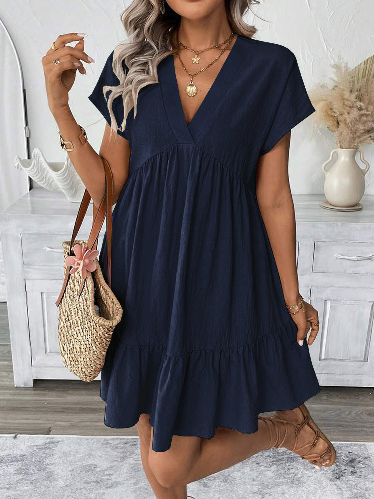 Women's Summer Holiday Style Ruffle Hem V-Neck Solid Color Loose Short Dress 12