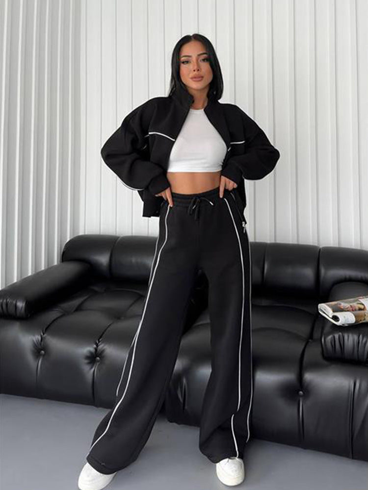Casual Tracksuit Long Sleeve Turtleneck Zipper Long Sleeve Sports Top Striped Trousers 14