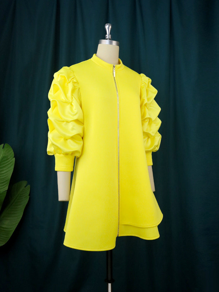 Plus Size Women's Career Stand Collar Pleated Sleeve A-Line Dresses 6