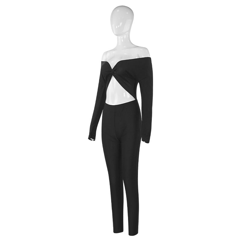 Spring Solid Color V-Neck Off Shoulder Knot Hollow Sexy High Waist Long Sleeve Jumpsuit 11