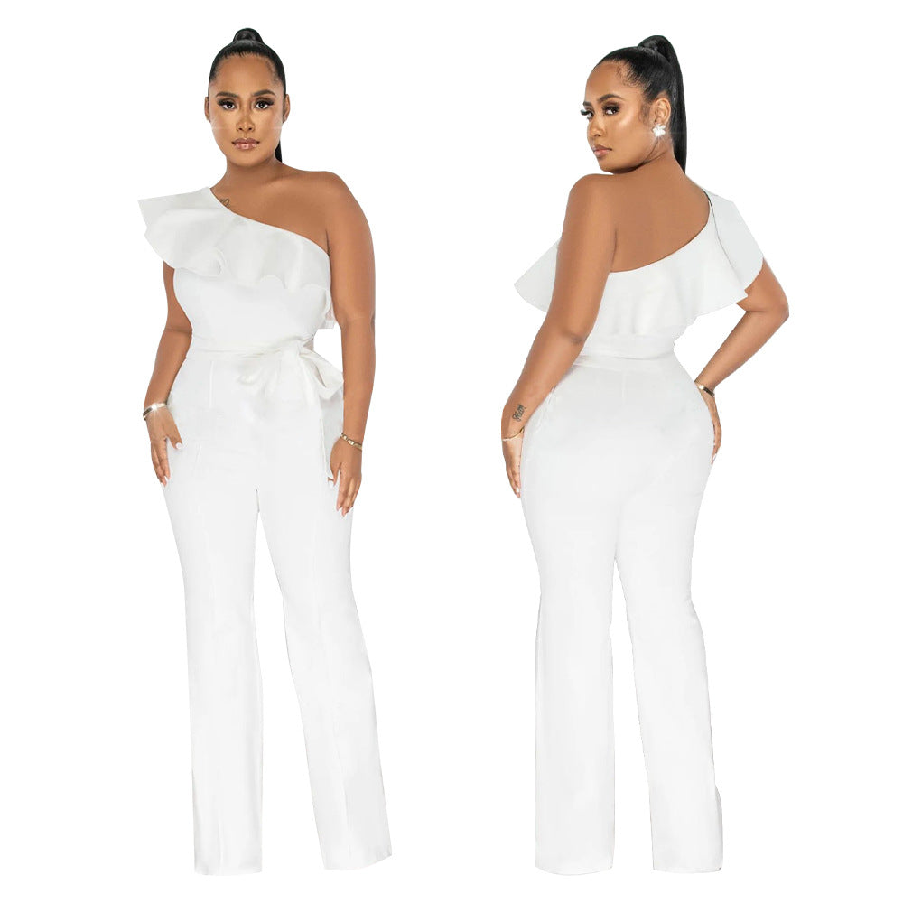 Women Solid Ruffle Jumpsuit with Belt 3