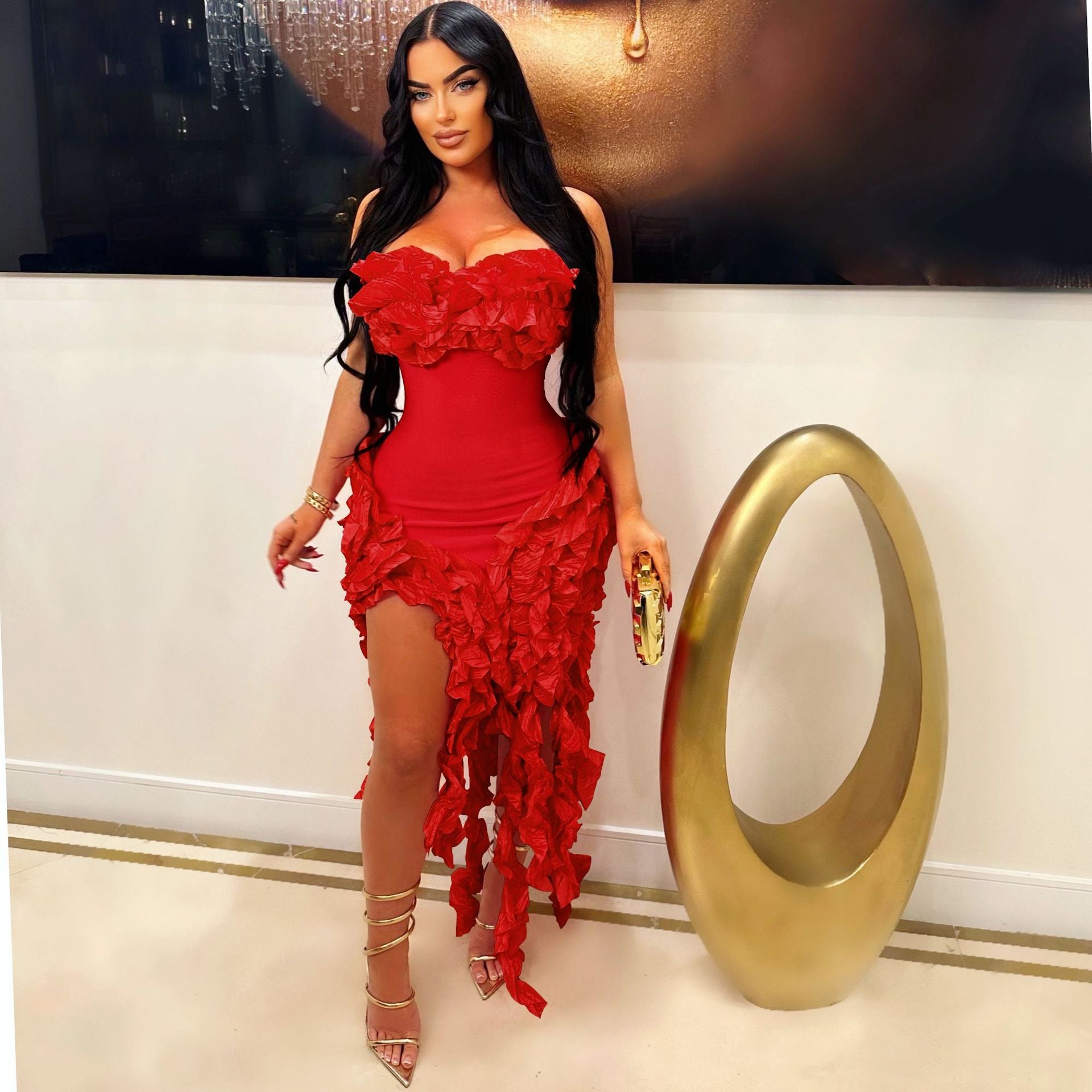 Women's Summer Sexy Strapless Ruffle Tassel Dress 3