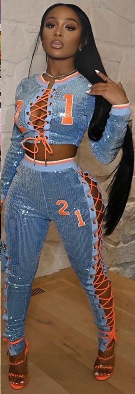 Women Digital Sexy Lace-Up Cut Out Long Sleeve Top and Pants Two-piece Set 3