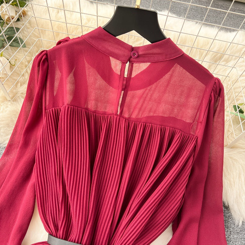 Spring Women's Bow Pleated Chiffon Puff Sleeve Long Dress 11