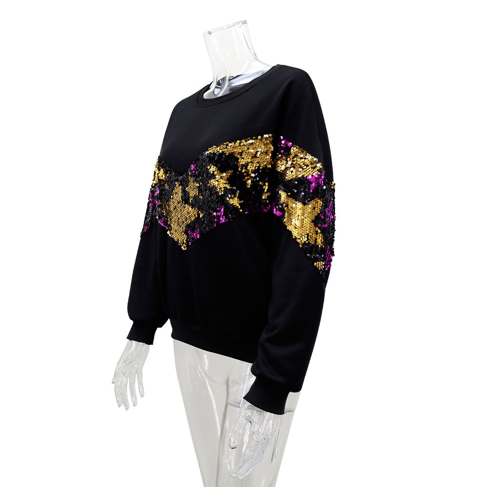 Women Casual Star Sequins Decorated Round Neck long sleeve top 7